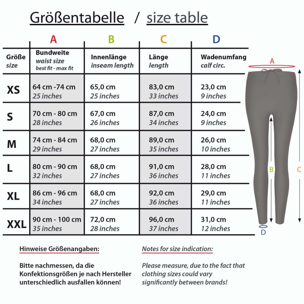 Formbelt lange Laufhose Größentabelle