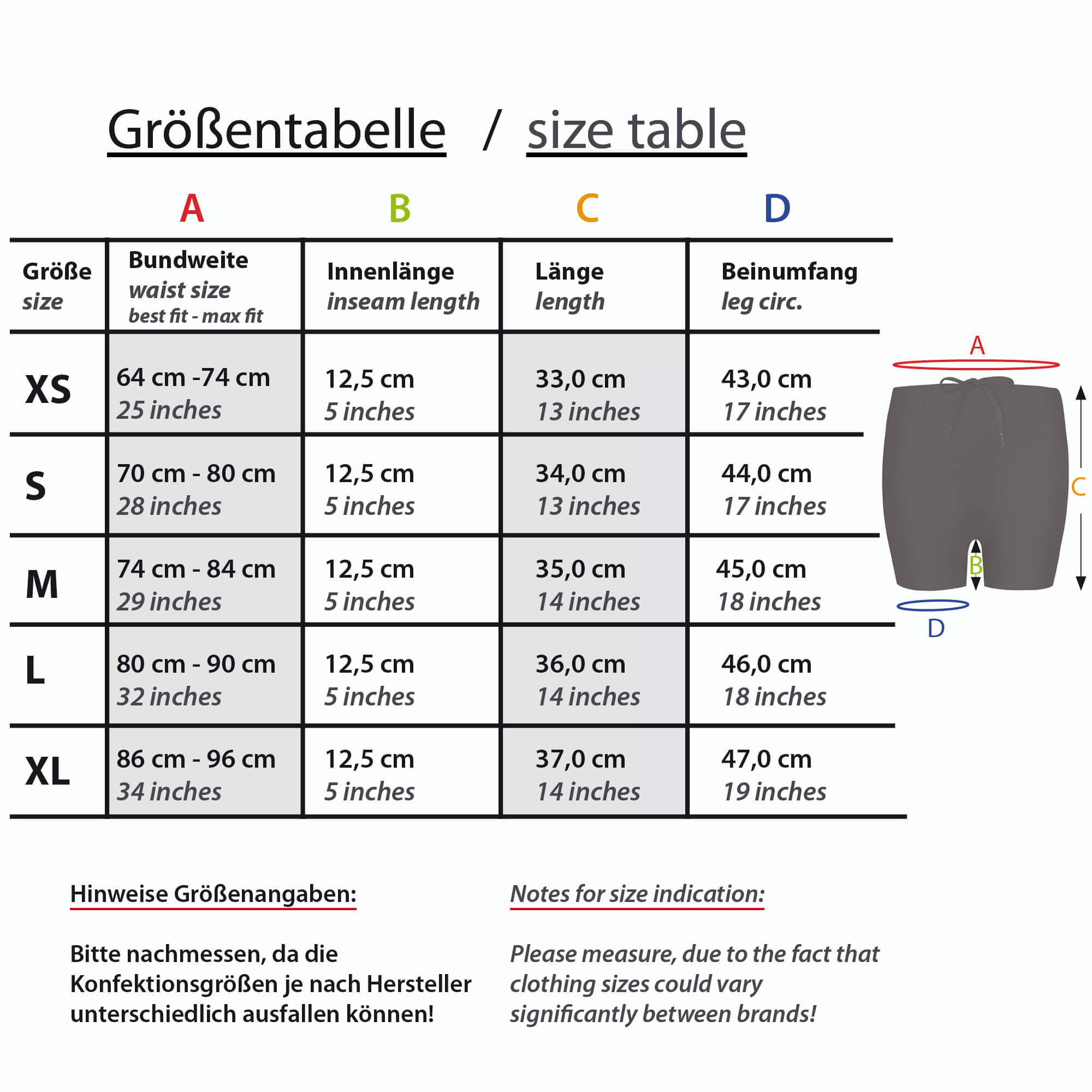 Lauf shorts Größentabelle Formbelt