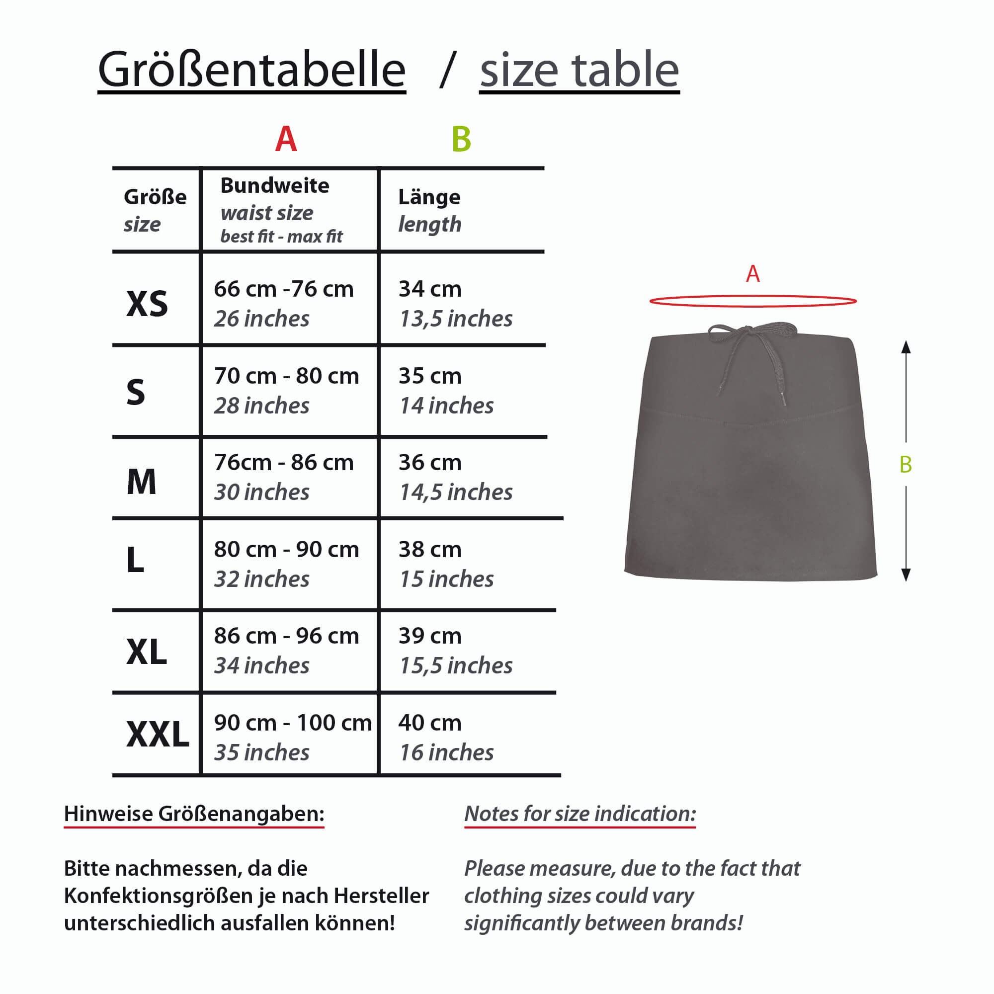 Formbelt Größentabelle Skirt Laufrock
